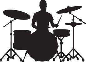 A dynamic silhouette of a drummer playing a drum kit. vector