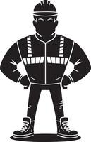 A bold black and white silhouette of a construction worker standing confidently with hands vector