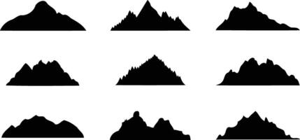 Set of nine diverse mountain silhouettes, perfect for graphic tshirt design, logos, backgrounds, or illustration projects vector