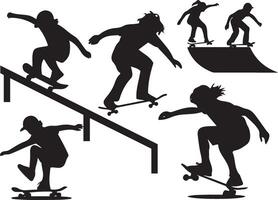 Silhouette illustration of diverse Skateboarders in Action at a Skate Park vector