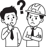 Businessmen questioning a construction worker with a perplexed expression Discussion line art silhouette Illustration vector