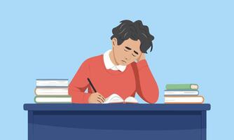 A young Student stressed expression, is engrossed in studying at a desk flat style illustration vector