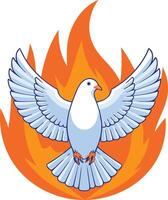 Flat illustration of a white dove, wings outstretched, positioned within a fiery orange flame halo. vector