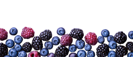 Close-Up of Juicy Mixed Berries Including Blueberries, Raspberries, and Blackberries Arranged in a Flat Lay Style on Transparent Background png