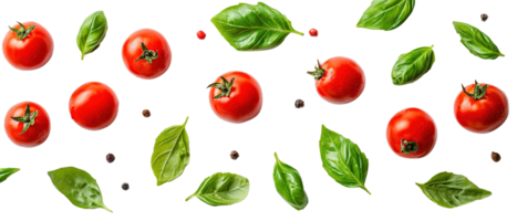 Fresh Cherry Tomatoes and Basil Leaves Floating on Transparent Background png