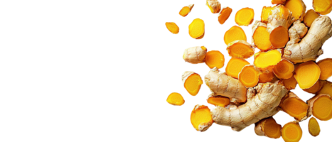 Flat Lay Composition of Freshly Sliced Turmeric Root with Vibrant Orange Color and Whole Raw Ginger on a Transparent Background with Copy Space png