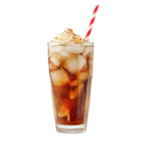 a glass of cola with a straw and ice cream an transparent background png