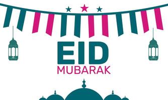 Eid Mubarak Illustration with Crescent Moon Hanging Lanterns Mosque and Ornamental Background for Ramadan Celebration vector