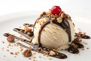 Delicious scoop of vanilla ice cream topped with chocolate sauce, pecans, and a cherry. photo
