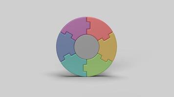 Colored circular 3D puzzle pieces on white backdrop, front view photo