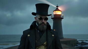 A man dons steampunk goggles glasses and a stylish steampunk costume while standing near a lighthouse at twilight. The atmosphere is enhanced by retro vibes and striking views. video