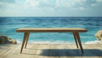 Wooden table display and ocean summer sky with sun bright for holiday time photo