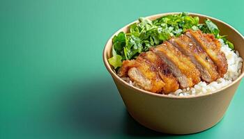 Rice, chicken katsu and fresh vegetable on brown paper bowl for simple lunch photo