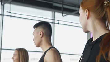 Young man is playing sports surrounded by attractive women. They are on treadmills, having nice conversation while walking and smiling and joking as they do cardio exercise. video