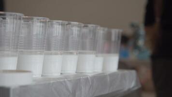 A group of plastic cups filled with cream were lined up on the kitchen counter in the school cafeteria during the lunch break. irrational use of plastic cups in public catering leads to pollution of planet. video