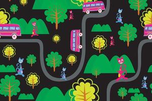 seamless pattern with cute cat,tree,mountain,car and road on black background for wrapping paper, wallpaper and more. vector