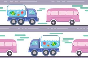 seamless pattern car on the road with three fish on white background vector