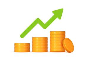 3D coin stack with an upward arrow symbolizing financial growth, investment, and profit increase. vector