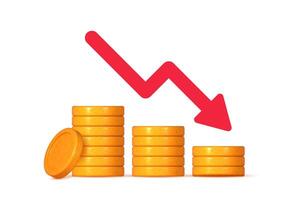 3D coin stack with an down arrow symbolizing financial growth, investment, and profit increase. vector