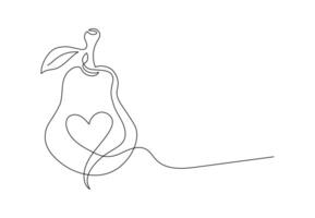Minimalistic continuous line pear with leaf with cute heart shape for the logo and designs. Pear with cute heart shape in one line art style. vector