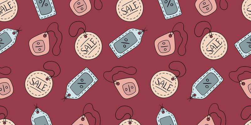 Seamless pattern with hanger price tag showing percent symbol, discount, special offer, sales lettering. Hand drawn doodle shopping symbols.
