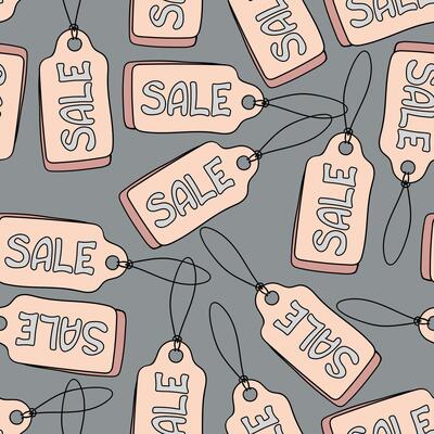 Seamless pattern with hanger price tag, special offer, sales lettering. Hand drawn doodle shopping symbols.