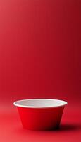 Blank red paper bowl disposable and white inside for snack or soup packaging container photo