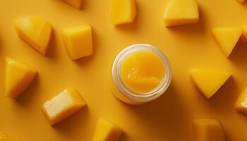 Mango extract gel on jar with fresh fruit slice on yellow background photo