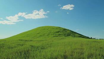 Green grass meadow hill with blue sky on summer day photo