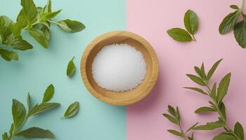 Stevia sugar grain on wooden bowl with green leaves photo