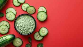 Cucumber vegetable slice extract dried natural flour on wooden bowl in red background photo