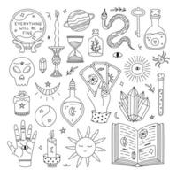 Big outline doodle esoteric and magical set with wizard potion, spell book, crystal ball of fortuneteller, astrology and occult elements. Lovely hand drawn collection with witchcore aesthetic. vector
