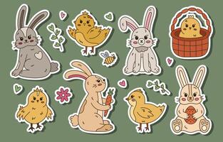Colorful doodle spring and Happy Easter sticker set for planners, scrapbook. Ready for print list of cute stickers with doodle of Easter bunny and baby chick in different poses. Hand drawn rabbit. vector