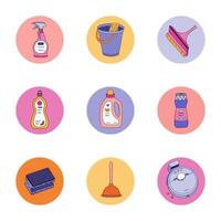Trendy round cover stories icon for social media, blogs, business, branding with cleansing doodles with outline. Multicolor highlight icons with detergent supply and household tools in pastel colors. vector