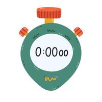 Lovely cartoon stopwatch timer with buttons and zero numbers at dial to start countdown at race, sport competition. Hand drawn watch showing minutes and seconds as sign of deadline, time management. vector