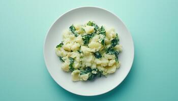 Mashed potato with parsley on white plate for healthy real food breakfast in blue background photo