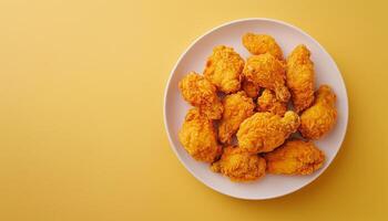 Flat lay chicken fried crunchy on white plate for simple lunch yellowbackground photo