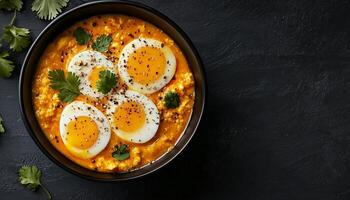 Egg boiled curry with turmeric seasoning cream and spicy on black bowl photo