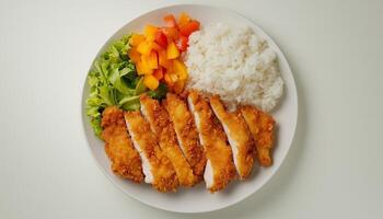 Crispy chicken katsu slice fried and rice with parsley for lunch or dinner real food photo