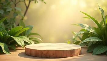 Wooden Podium for Natural product Showcase against Greenery Background photo