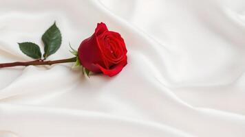 Elegant red rose resting on smooth white silk fabric. Concept - symbolizing, romance, passion, love, Valentine Day greeting card photo