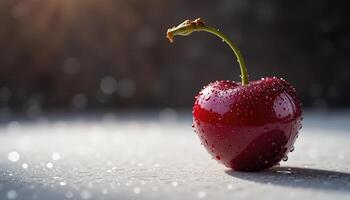 A photo of a fresh cherry. The cherry is placed on a white surface. There are glistening droplets of water on the cherry and the background. The lighting is dramatic.