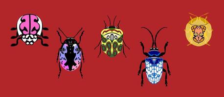Wild nature insects. Ladybug, cute bugs, stag beetle flat set pattern colorful. vector