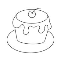 Black and white illustration of a cake with cream and cherries on a white background. vector