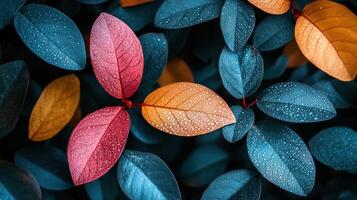 Colorful autumn leaves, dew drops, garden background, nature texture photo