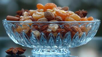 Dried fruit and nuts in glass bowl, close-up photo