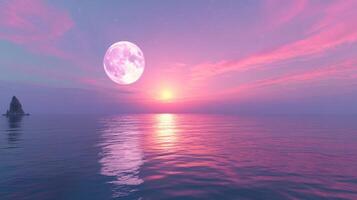 Pink sunset, full moon over calm ocean, rock formation photo