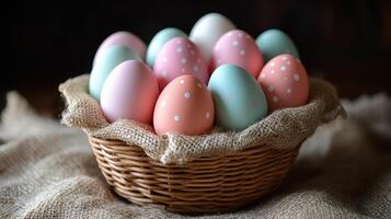 Pastel Easter eggs in wicker basket on burlap photo