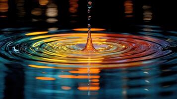 Water drop impact, colorful ripples, night city bokeh, abstract background, stock photo