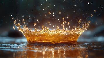 Golden liquid crown splash, dark background, nature scene, website banner photo